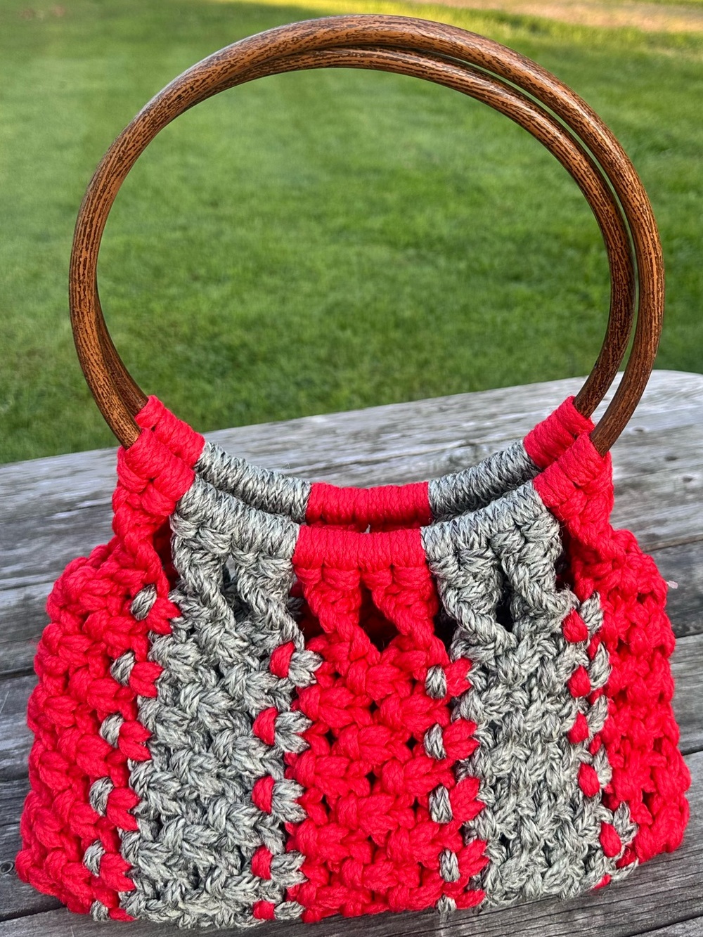 Vintage Boho Retro Macrame Handbag Wooden Handles
